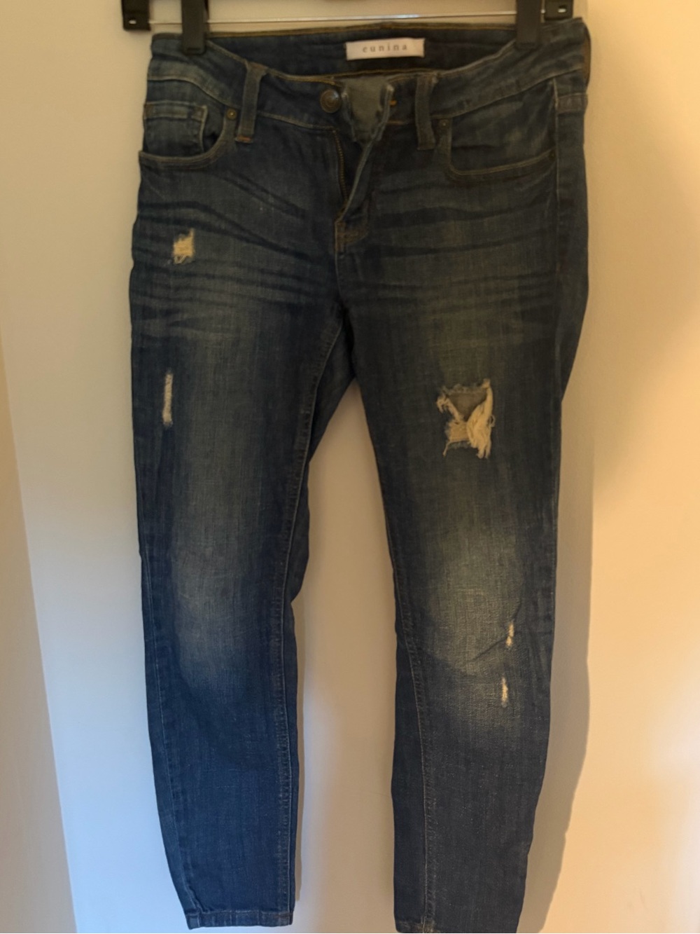 eunina Dark Blue Slim distressed Straight Jeans